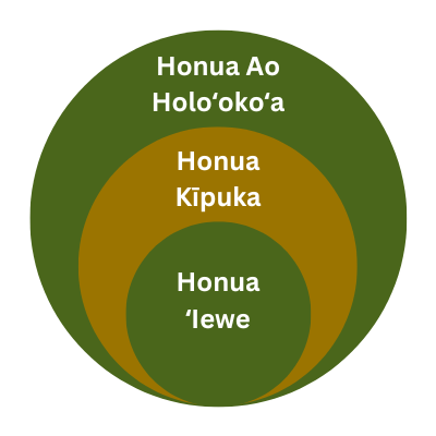 Diagram containing three concentric circles.  Outermost: Honua Ao Holoʻokoʻa; Middle: Honua Kīpuka; Innermost: Honua Ao Holoʻokoʻa